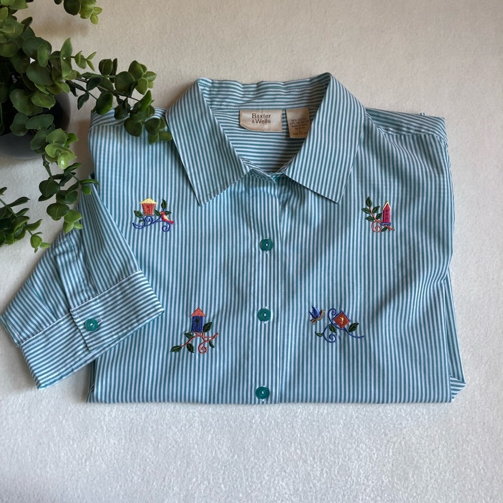 Baxter & Wells birdhouse embroidery button-up 3/4 sleeve blouse - size large